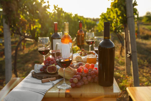 rotwein und snacks für picknick auf holztisch im freien serviert - winery autumn vineyard grape stock-fotos und bilder