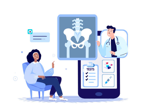 online traumatologist orthopedist doctor consultate patient.pain in hip joint.arthoplasty, choroba zwyrodnieniowa stawów, wymiana stawu biodrowego.diagnostyka checkup leczenie digital medical hospital.vector ilustracja - biodro stock illustrations