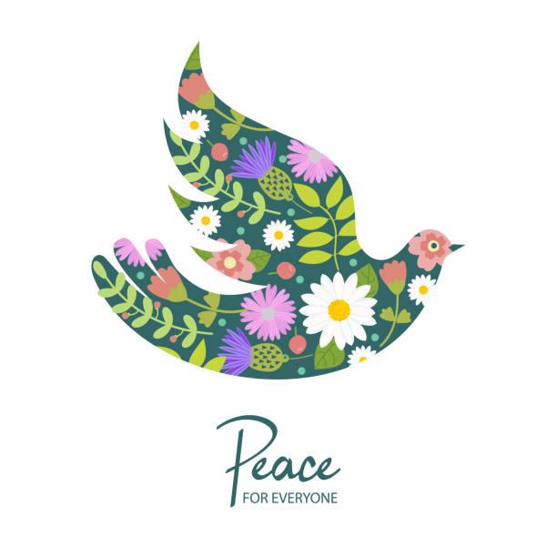 The dove of peace. A symbol of peace. Vector illustration. The dove of peace. A symbol of peace. A world for everyone. Silhouette of a dove with floral ornament. dove earth globe symbols of peace stock illustrations