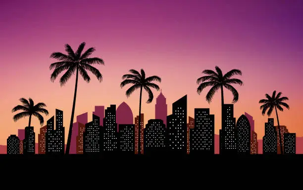 Vector illustration of silhouette city skyline view with palm trees background