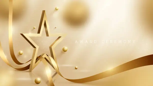 Vector illustration of 3d gold star background with ribbon element and ball with glitter light effect and bokeh decoration. Luxury award ceremony concept.