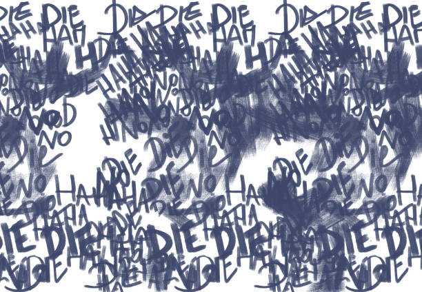 istock text scrawl with psychedelic and scary sentences, laughter and grunge text, black and white 1385092073