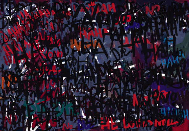 istock text scrawl with psychedelic and scary sentences, laughter and grunge text dark black and grunge graffiti illustration 1385092077