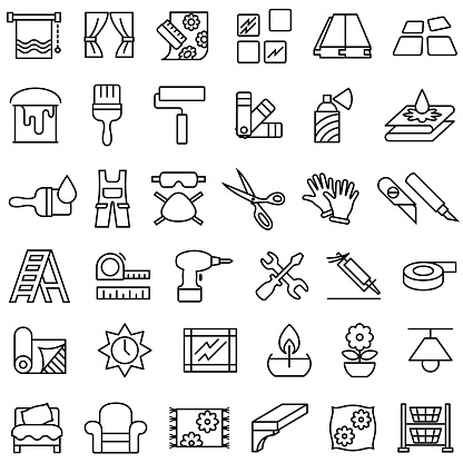 Single color isolated outline icons of home improvement products and activities