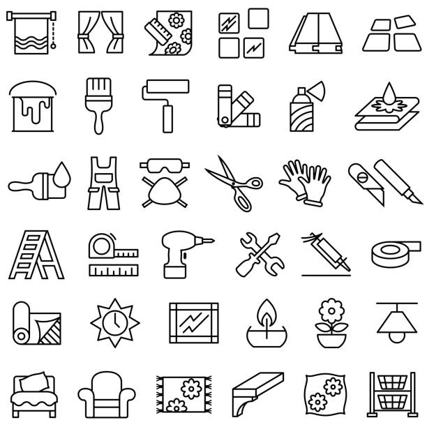 Decorating and Home Improvement Outline Icons Single color isolated outline icons of home improvement products and activities Blinds stock illustrations
