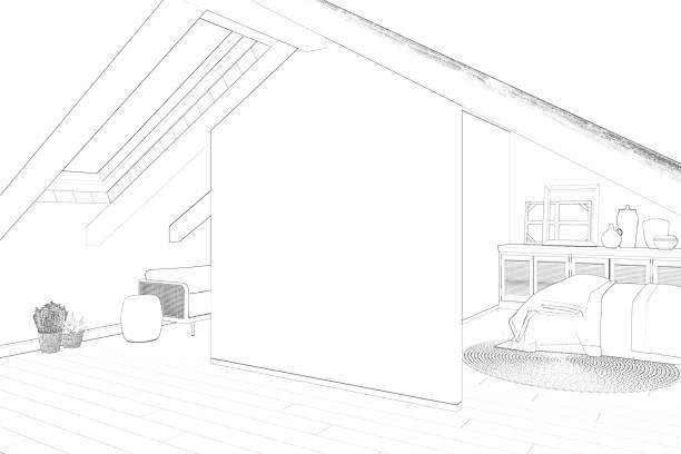 A sketch of the modern loft with a blank white wall, ceiling with the dormer window and roof beams, framed paintings, and vases on a chest of drawers with a round rug near the bed. 3d render dresser domestic room entrance hall home interior stock pictures, royalty-free photos & images