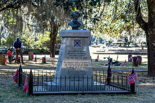 Selma, Alabama, USA-March 1, 2022: Monument for Nathen Bedford Forrest within the Confederate Memorial Circle at Live Oak Cemetery. This memorial was originally at the previous courthouse but was moved to the present location in 2001. Forrest and his wife are buried in Tennessee.