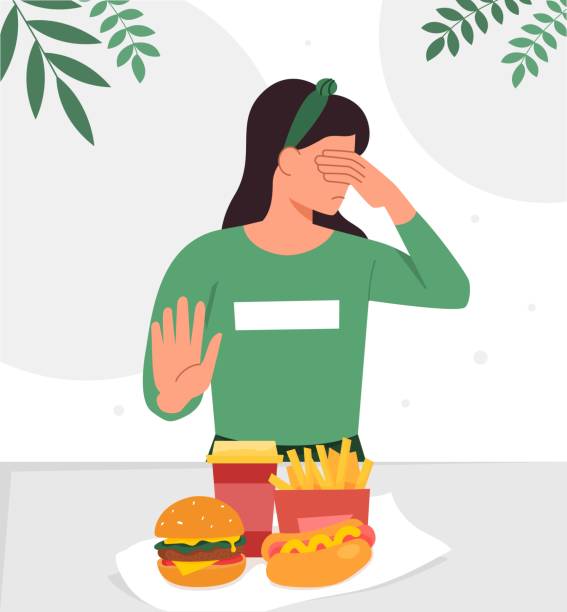 отказывается от концепции нездоровой пищи - dieting food rejection women stock illustrations