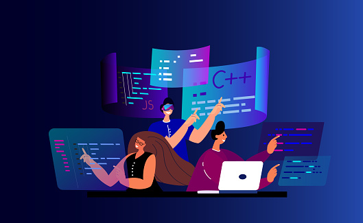 Team of IT Programmers working on web development on computers. Concept of script coding and programming in php, python,javascript,other languages.Software developers.Flat vector cartoon illustration.