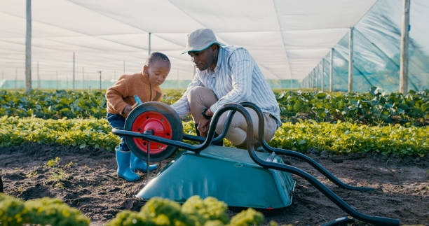 Shot of a young man and his son fixing a wheelbarrow on a farm stock photo