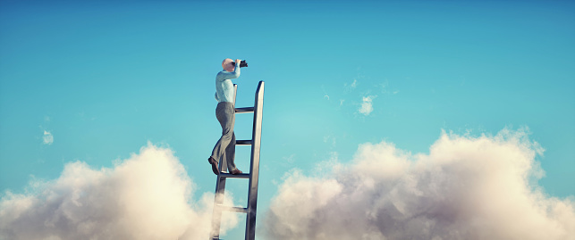 Man on top of a ladder looks through binoculars in the clouds. Dreaming and research concept. This is a 3d render illustration