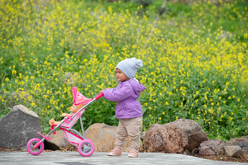 Baby child walking with a doll toy trolley outdoors in spring.