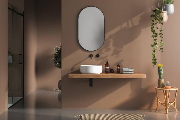 istock Modern minimalist bathroom interior, pastel decor concept. 1385103350