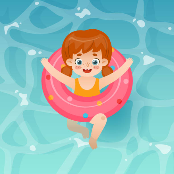 ilustrações de stock, clip art, desenhos animados e ícones de cartoon girl swimming in the pool with inflatable ring. happy little child laying on the water with swim ring. - swimwear child inner tube little girls