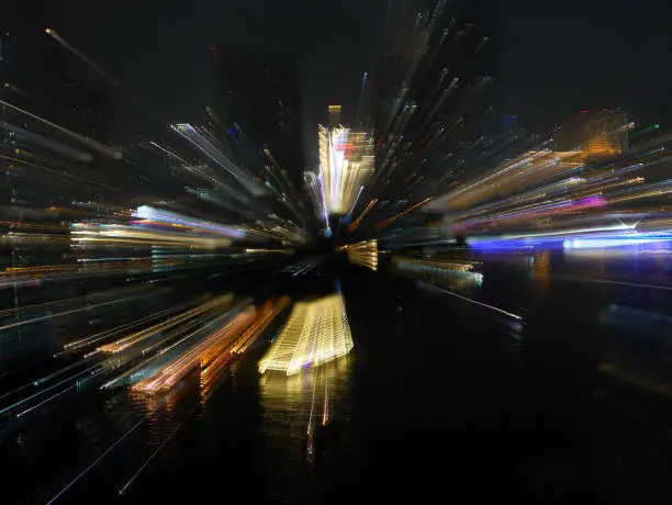 Defocused blurry colorful night lights shot of Bangkok City Riverview for wallpaper