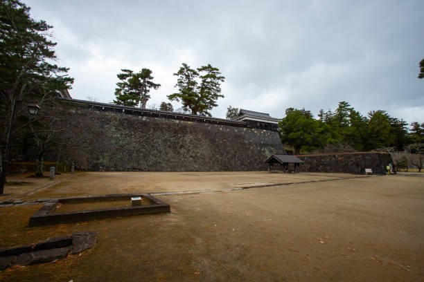 The path in the Matsue Jo (Matsue Castle), constructed from 1607 to 1611 by Horio Yoshiharu, in the cloudy day stock photo