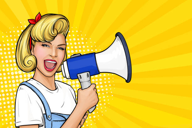 девушка из поп-арта протестует и кричит в мегафон - announcement message megaphone public speaker women stock illustrations