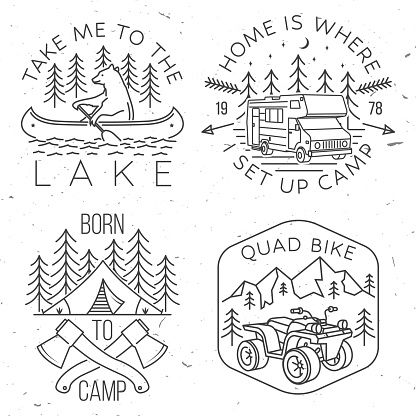 Set of camping badges, patches. Vector illustration. Concept for shirt or logo, print, stamp or tee. Vintage line art design with bear in canoe, lake and forest