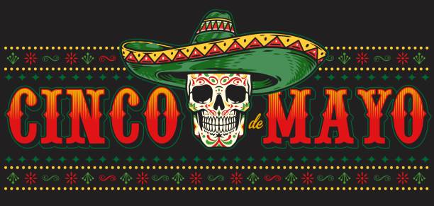 ilustraciones, imágenes clip art, dibujos animados e iconos de stock de banner horizontal con colorida calavera de azúcar - mexican culture cinco de mayo backgrounds sombrero