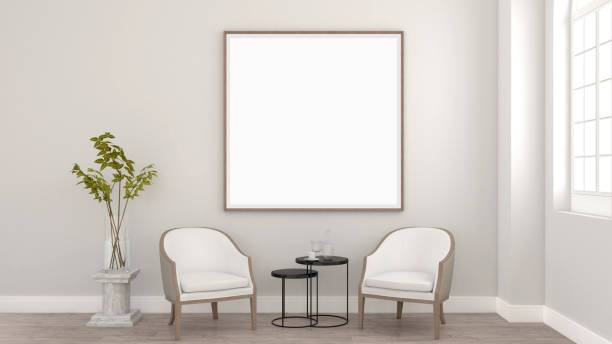 istock modern classic interior room with white blank frame on wall. 3D illustration 1385109860
