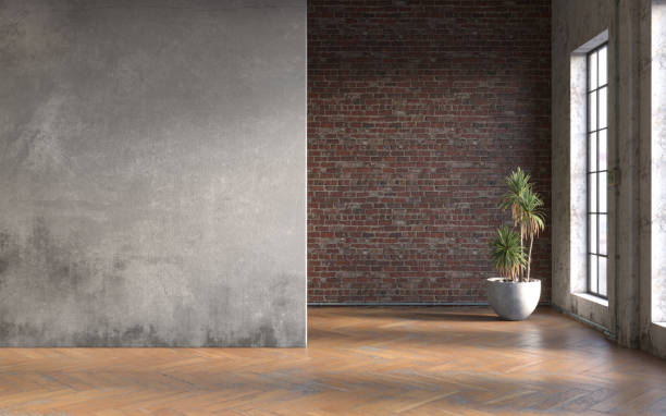 istock Industrial grunge interior with old brick walls. Loft style, interior mockup, 3d render 1385111672