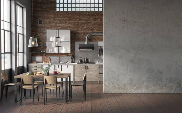 Industrial grunge interior with old brick walls. Loft style, interior mockup, 3d render Industrial grunge interior with old brick walls. Loft style, interior mockup loft apartment stock pictures, royalty-free photos & images