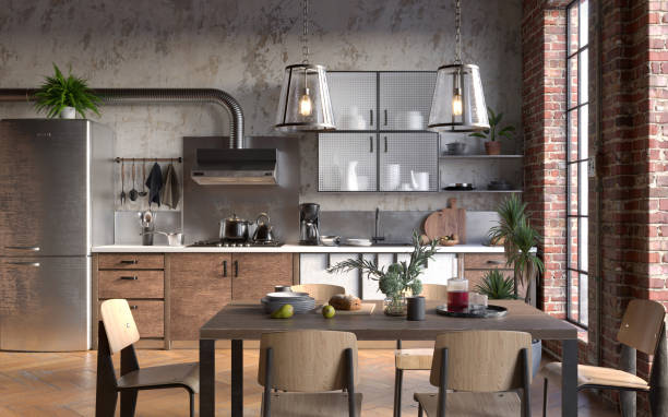 istock Industrial grunge interior with old brick walls. Loft style, interior mockup, 3d render 1385111715