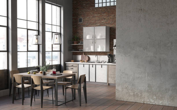 istock Industrial grunge interior with old brick walls. Loft style, interior mockup, 3d render 1385111723