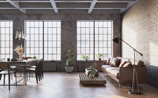 istock Industrial grunge interior with old brick walls. Loft style, interior mockup, 3d render 1385111763