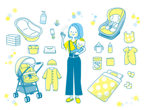 ibu memegang produk bayi dan bayi - stroller car seat ilustrasi stok