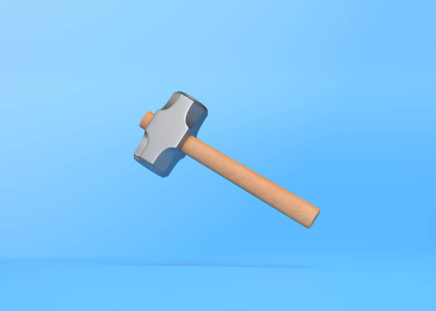 istock Flying hammer on blue background with copy space 1385112161