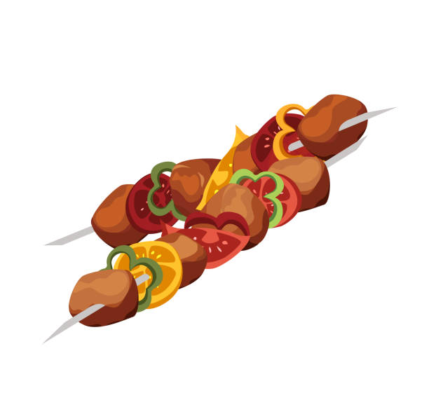 ilustraciones, imágenes clip art, dibujos animados e iconos de stock de kebab, shashlik, a la parrilla en pincho, carne de comida. comida a la parrilla para barbacoa. cocina tradicional de filete dentado, barbacoa jugosa, kebab. carnes y verduras a la parrilla. ilustración vectorial plana aislada, fondo blanco - spit roasted