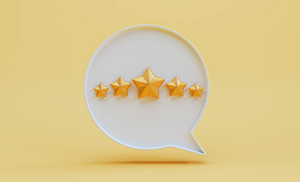 istock Five golden stars inside white message box for client excellent evaluation by 3d render. 1385112645