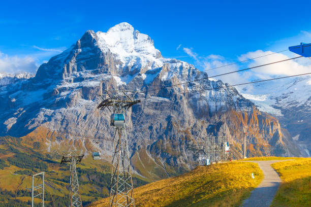 Grindelwald, Switzerland Jungfrau cable car cabins arriving to high station First and autumn Swiss Alps mountains