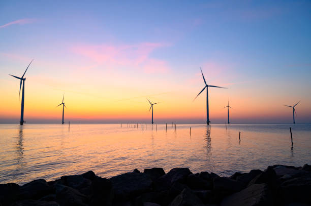 istock Wind turbines in an offshore wind park producing electricity during sunset. 1385114537