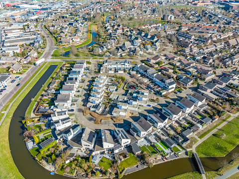 Residential area seen from above in Kampen, The Netherlands during an early springtime day.