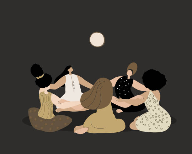 kuvapankkikuvitukset aiheesta salaperäinen maaginen naispiiri.naiset pyöreät, tytöt pitävät toisiaan kädestä. esoterics noidat.sacred woman group power.feminine kokous, naisten voimaannuttaminen energia unioni.mainos, flat vector illustration - seremonia