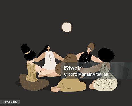 istock Mysterious Magic Female Circle.Women Round,Girls hold hand together.Esoterics Witches.Sacred Woman Group Power.Feminine Meeting,Female Empowerment Energy Union.Advertisement,Flat Vector Illustration 1385116060
