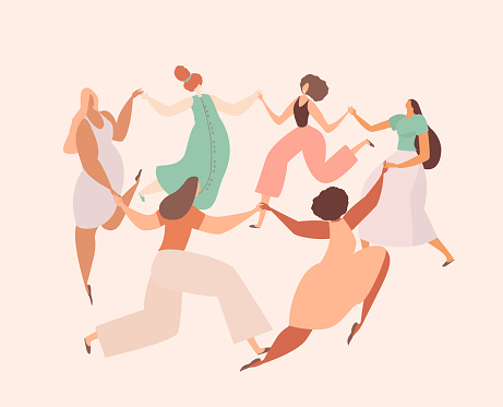 Happy International Woman Festival.Women Dancing in Female Circle Together.Ritual dance together.Esoterics Sacred Woman Power.Feminine,Female Empowerment Energy Party.Flyer Flat Vector Illustration