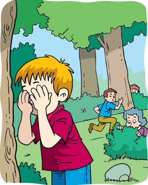 Vector illustration of Vector illustration cartoon of children playing hide and seek in the park.