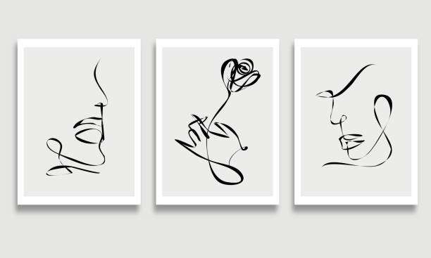 Vector modern minimalism set of hand drawning illustration sketch one line art abstract face portrait and hand with rose flower handmade pattern for design card banner background Vector modern minimalism set of hand drawning illustration sketch one line art abstract face portrait and hand with rose flower handmade pattern for design card banner background black and white rose stock illustrations