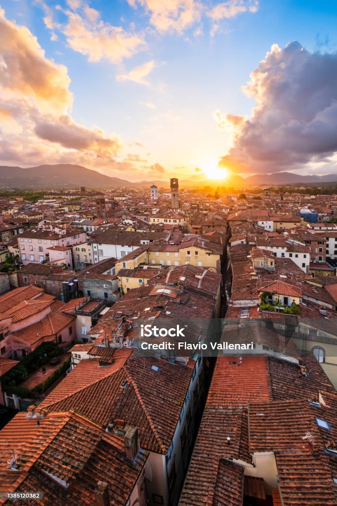 Lucca from above (Tuscany, Italy) Top view of Lucca, a beautiful art city with a very well preserved historic center Italy Stock Photo