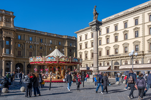 November 19, 2021 - Florence, Italy - Site was originally the location of the forum of Florence. Now it is where the antique carousel of the Picci family.