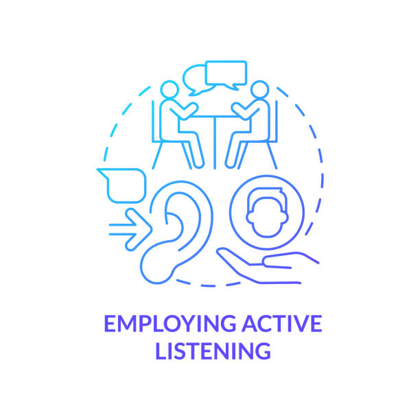 Employing active listening blue gradient concept icon Employing active listening blue gradient concept icon. Knowing employees problem. HR skills abstract idea thin line illustration. Isolated outline drawing. Myriad Pro-Bold font used general manager stock illustrations