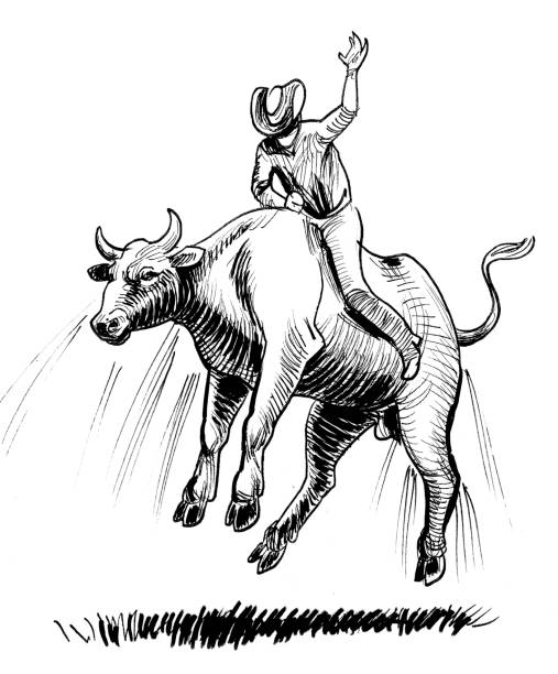 cowboy auf einem bull - rodeo bull bull riding cowboy stock-grafiken, -clipart, -cartoons und -symbole