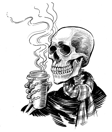 Ink black and white drawing of a human skeleton drinking a cup of coffee
