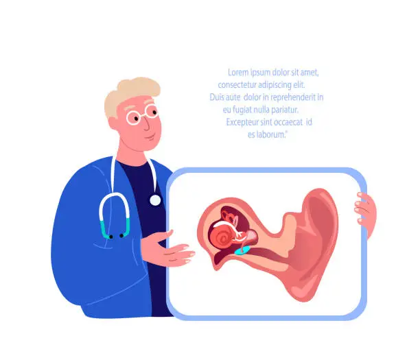 Vector illustration of Audiologist Professors Scientists ENT-Doctors Examine Ear Anatomy Structure.Inflammation,Ear Pain.Otitis Digital Treatment.Research,Clinical Investigation. ORL Clinic. Medical Diagnostics Illustration