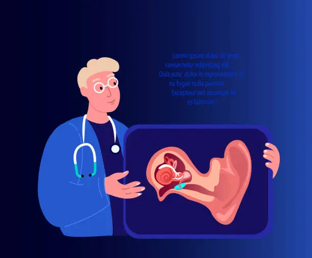 Vector illustration of Audiologist Professors Scientists ENT-Doctors Examine Ear Anatomy Structure.Inflammation,Ear Pain.Otitis Digital Treatment.Research,Clinical Investigation. ORL Clinic. Medical Diagnostics Illustration