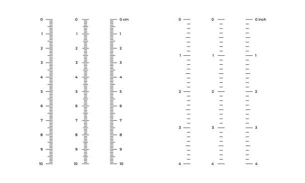 illustrations, cliparts, dessins animés et icônes de illustration vectorielle indicateurs de taille 10 cm et 4 pouces isolés sur fond blanc. ensemble de lignes d’instruments de mesure dans un style plat. échelle de mesure verticale. balisage pour la règle. modèle de mesureur de niveau de barre. - inch