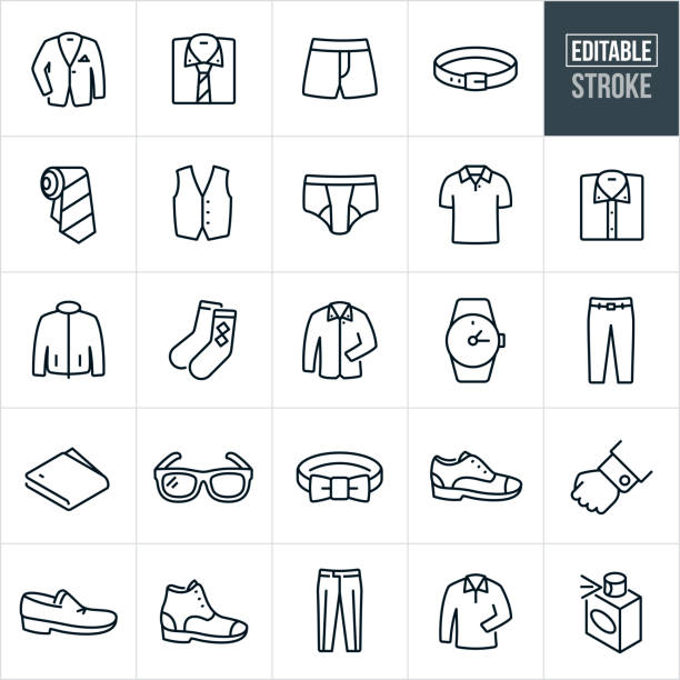 Men's Professional Attire Thin Line Icons - Editable Stroke A set of men's professional attire icons that include editable strokes or outlines using the EPS vector file. The icons include a suit coat, dress shirt, neck tie, boxer shorts, belt, vest, underwear, polo shirt, button down dress shirt, jacket, dress socks, wrist watch, dress slacks, wallet, glasses, bow tie, dress shoes, cuff link, dress boots and cologne black and white eyeglasses clip art stock illustrations